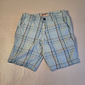 Arizona Jeans Co Mens Bermuda Shorts Blue Green Plaid Flat Front Size 29